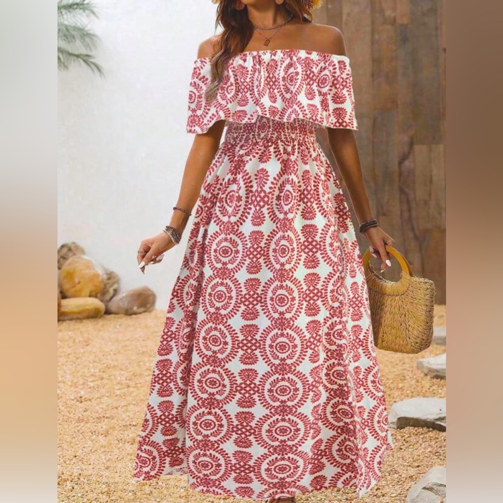 Off Shoulder Maxi Dress Smocked Paisley Red White Flowy Size Small